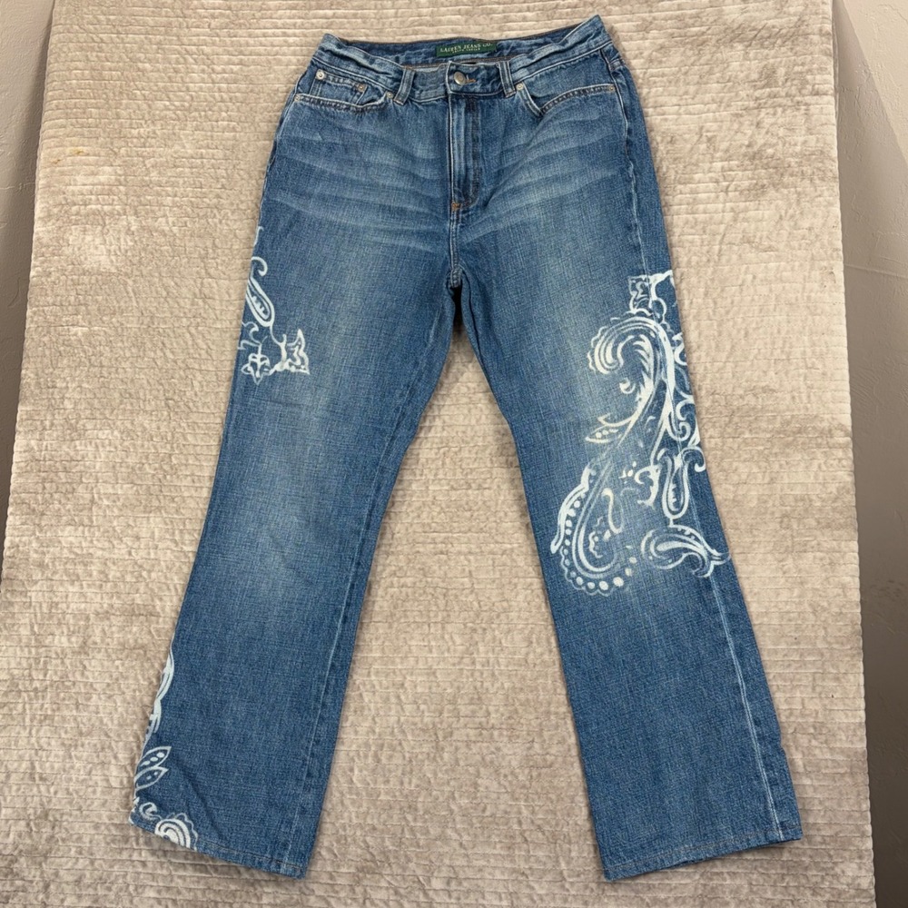 Lauren Jeans Co Ralph Lauren‎ Womens Denim Flare Jeans White Paisley Design 6